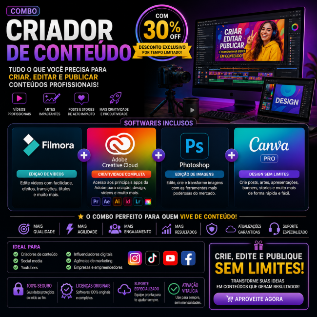 Combo Criador de Conteúdo Filmora + Adobe Creative Cloud + Photoshop + Canva Pro