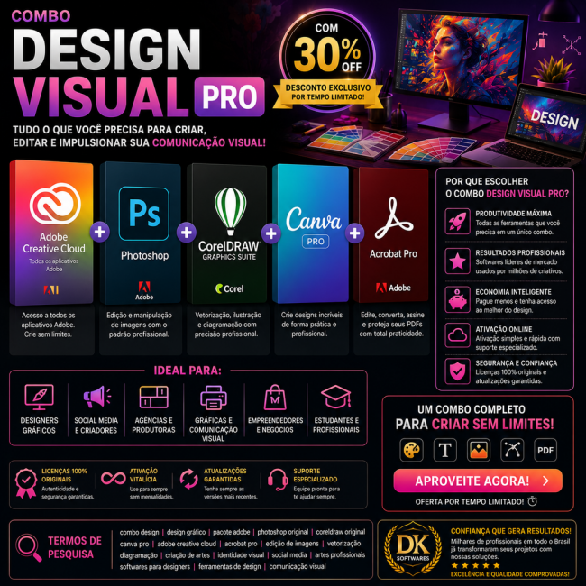 Combo Design Visual Pro Adobe Creative Cloud + Photoshop + CorelDRAW + Canva Pro + Acrobat Pro