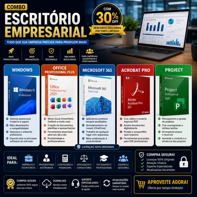 Combo Escritório Empresarial Windows + Office Professional Plus + Microsoft 365 + Acrobat Pro + Project