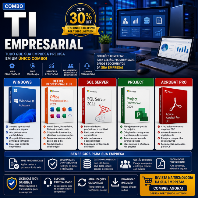 Combo TI Empresarial Windows + Office + SQL Server + Project + Acrobat Pro