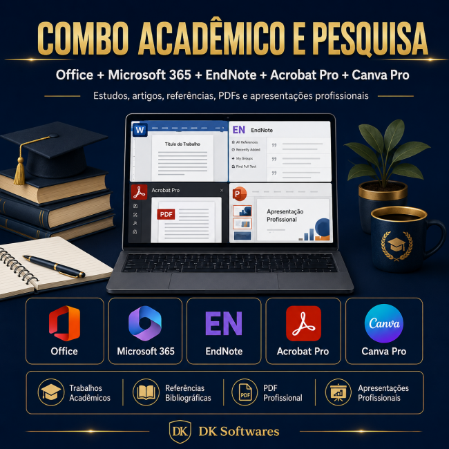 Combo Acadêmico e Pesquisa Office + Microsoft 365 + EndNote + Acrobat Pro + Canva Pro