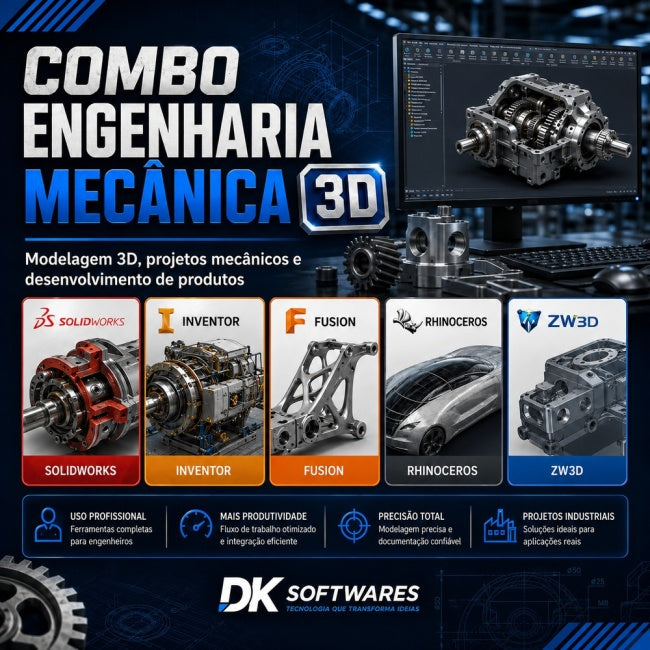 Combo Engenharia Mecânica 3D SolidWorks + Inventor + Fusion + Rhinoceros + ZW3D