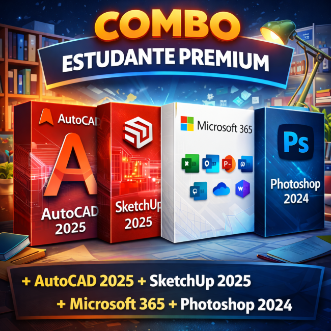 Combo Estudante Premium - AutoCAD 2025 + SketchUp 2025 + Microsoft 365 + Photoshop 2024