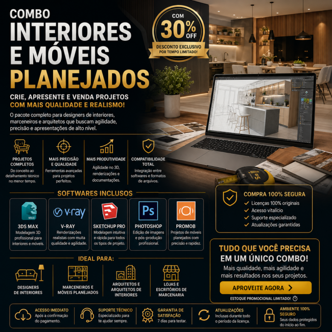 Combo Interiores e Móveis Planejados Promob + SketchUp + V-Ray + CorelDRAW + Photoshop